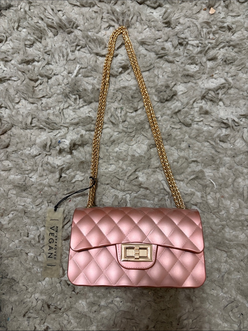 Vegan Quilted Crossbody Bag - Rose Pink with Gold Chain